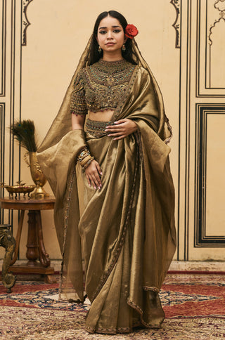 Saree Set for Indian Wedding - Gold Polki Krishnavarna Jadaau Saree Set by Itrh at Mrs. G