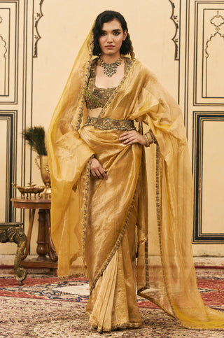 Tissue Saree Set for Indian Wedding - Yellow Polki Haridra Jadaau Saree Set by Itrh at Mrs. G