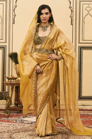 Saree Set for Indian Wedding - Yellow Polki Haridra Jadaau Saree Set with Head Dupatta by Itrh at Mrs. G
