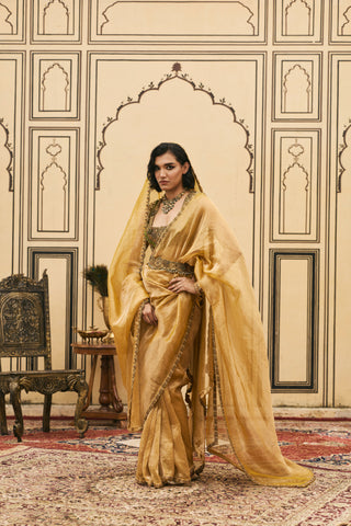 Saree Set for Indian Wedding - Yellow Polki Haridra Jadaau Saree Set with Head Dupatta by Itrh at Mrs. G