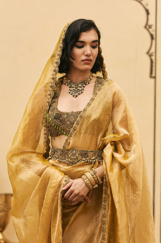 Tissue Saree Set for Indian Wedding - Yellow Polki Haridra Jadaau Saree Set by Itrh at Mrs. G