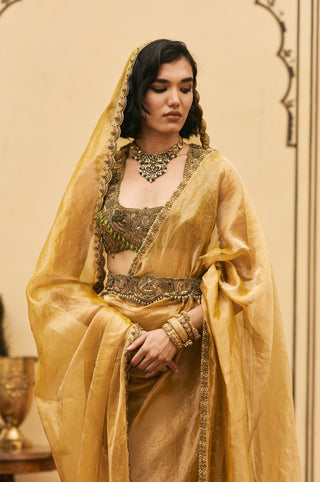 Saree Set for Indian Wedding - Yellow Polki Haridra Jadaau Saree Set with Head Dupatta by Itrh at Mrs. G