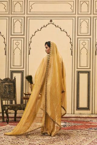 Tissue Saree Set for Indian Wedding - Yellow Polki Haridra Jadaau Saree Set by Itrh at Mrs. G