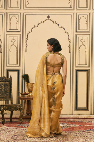 Saree Set for Indian Wedding - Yellow Polki Haridra Jadaau Saree Set with Head Dupatta by Itrh at Mrs. G