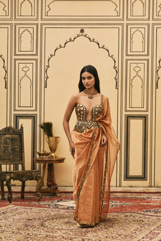 Saree Set for Indian Wedding - Orange Polki Kesariya Jadaau Corset Saree Set with Head Dupatta by Itrh at Mrs. G