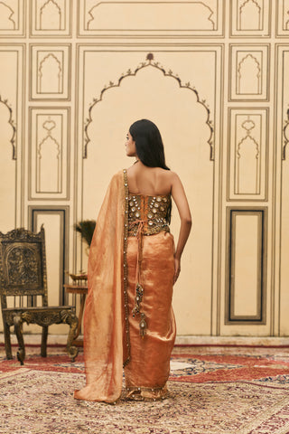 Corset Saree Set for Indian Wedding - Orange Polki Kesariya Jadaau Corset Saree Set by Itrh at Mrs. G