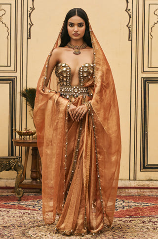 Saree Set for Indian Wedding - Orange Polki Kesariya Jadaau Corset Saree Set with Head Dupatta by Itrh at Mrs. G