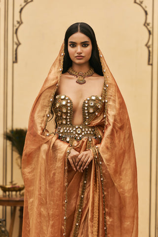 Saree Set for Indian Wedding - Orange Polki Kesariya Jadaau Corset Saree Set with Head Dupatta by Itrh at Mrs. G