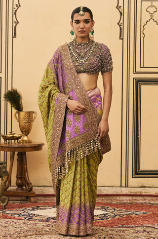 Ombre Saree for Indian Wedding - Multicolor Polki Ranga Ombre Georgette Saree Set by Itrh at Mrs. G