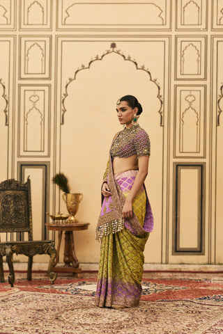 Ombre Saree for Indian Wedding - Multicolor Polki Ranga Ombre Georgette Saree Set by Itrh at Mrs. G