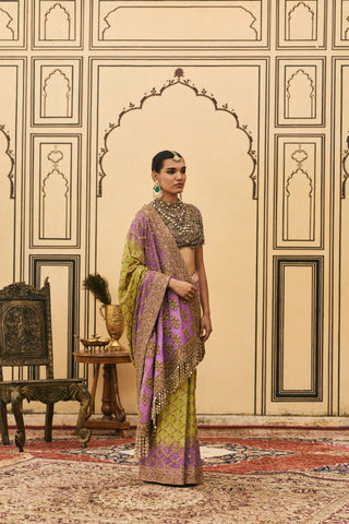 Ombre Saree for Indian Wedding - Multicolor Polki Ranga Ombre Georgette Saree Set by Itrh at Mrs. G