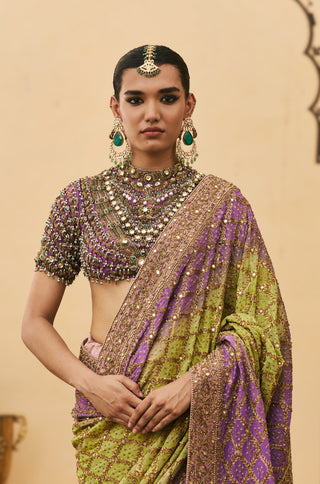 Ombre Saree for Indian Wedding - Multicolor Polki Ranga Ombre Georgette Saree Set by Itrh at Mrs. G