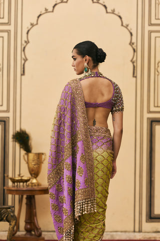 Ombre Saree for Indian Wedding - Multicolor Polki Ranga Ombre Georgette Saree Set by Itrh at Mrs. G