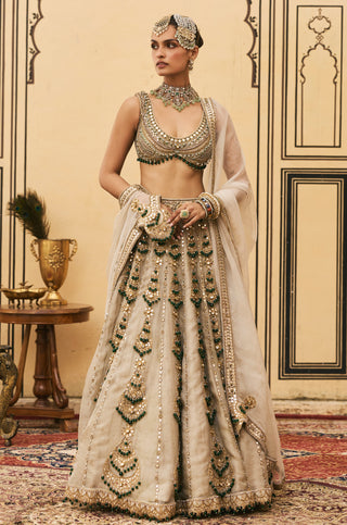 Lehenga Set for Indian Wedding - Silver Polki Rajat Paasa Tissue Lehenga Set by Itrh at Mrs. G