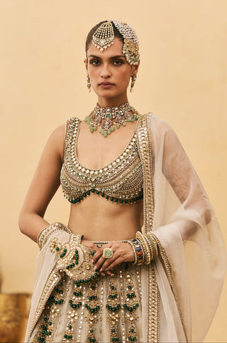 Lehenga Set for Indian Wedding - Silver Polki Rajat Paasa Tissue Lehenga Set by Itrh at Mrs. G