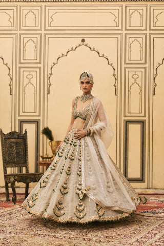 Lehenga Set for Indian Wedding - Silver Polki Rajat Paasa Tissue Lehenga Set by Itrh at Mrs. G