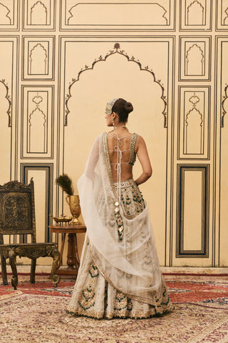 Lehenga Set for Indian Wedding - Silver Polki Rajat Paasa Tissue Lehenga Set by Itrh at Mrs. G