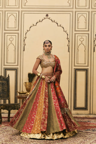 Lehenga Set for Indian Wedding - Multicolor Polki Chitrali Brocade Phulkari Lehenga Set by Itrh at Mrs. G