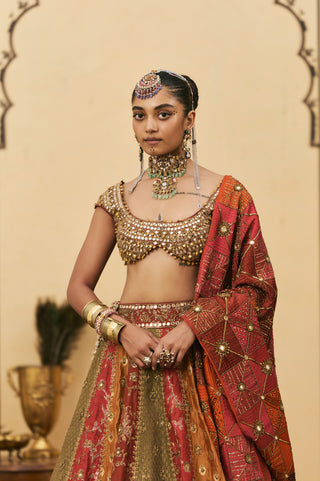 Lehenga Set for Indian Wedding - Multicolor Polki Chitrali Brocade Phulkari Lehenga Set by Itrh at Mrs. G