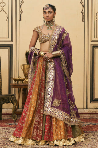Lehenga Set for Indian Wedding - Multicolor Polki Chitrali Brocade Lehenga Set with Organza Dupatta by Itrh at Mrs. G