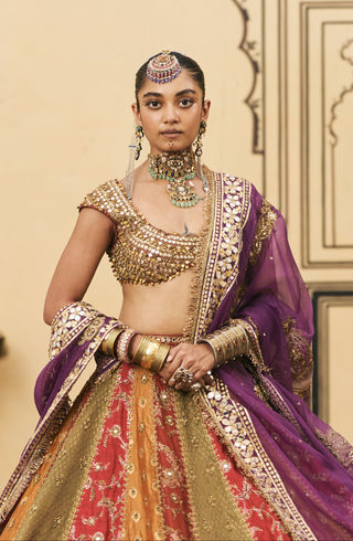 Lehenga Set for Indian Wedding - Multicolor Polki Chitrali Brocade Lehenga Set with Organza Dupatta by Itrh at Mrs. G