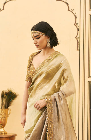 Saree Set for Indian Wedding - Gold Polki Shyama Tissue Zardosi Saree Set by Itrh at Mrs. G