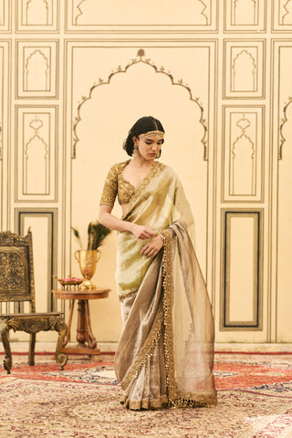 Saree Set for Indian Wedding - Gold Polki Shyama Tissue Zardosi Saree Set by Itrh at Mrs. G