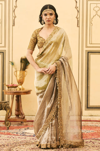 Saree Set for Indian Wedding - Gold Polki Shyama Tissue Zardosi Saree Set by Itrh at Mrs. G