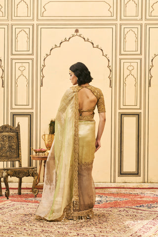 Saree Set for Indian Wedding - Gold Polki Shyama Tissue Zardosi Saree Set by Itrh at Mrs. G