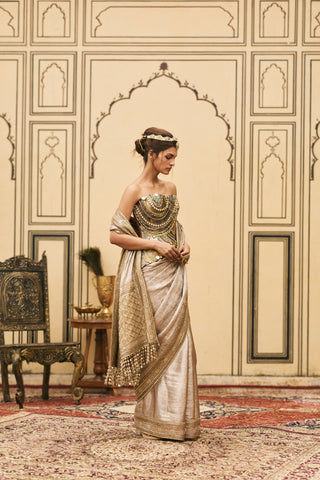 Metal Corset Saree for Indian Wedding - Gold Polki Gulnaar Tissue Brocade Metal Saree Set by Itrh at Mrs. G