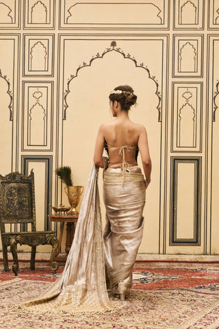 Metal Corset Saree for Indian Wedding - Gold Polki Gulnaar Tissue Brocade Metal Saree Set by Itrh at Mrs. G