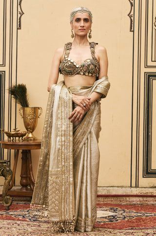 Metal Bustier Saree for Indian Wedding - Gold Polki Swarnim Tissue Brocade Metal Saree Set by Itrh at Mrs. G