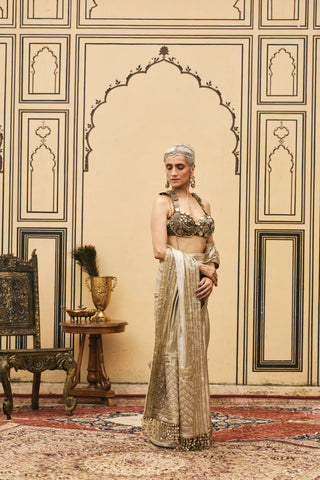 Metal Bustier Saree for Indian Wedding - Gold Polki Swarnim Tissue Brocade Metal Saree Set by Itrh at Mrs. G