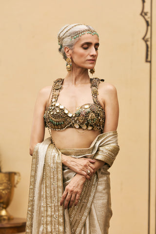 Metal Bustier Saree for Indian Wedding - Gold Polki Swarnim Tissue Brocade Metal Saree Set by Itrh at Mrs. G