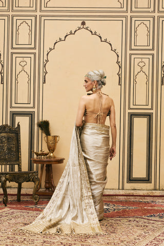Metal Bustier Saree for Indian Wedding - Gold Polki Swarnim Tissue Brocade Metal Saree Set by Itrh at Mrs. G