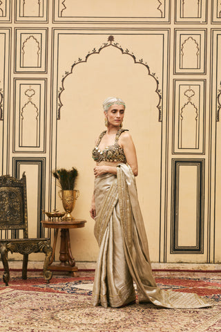 Metal Bustier Saree for Indian Wedding - Gold Polki Swarnim Tissue Brocade Metal Saree Set by Itrh at Mrs. G