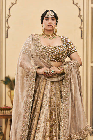 Lehenga Set for Indian Wedding - Gold Polki Suvarnarang Tissue Brocade Lehenga Set by Itrh at Mrs. G