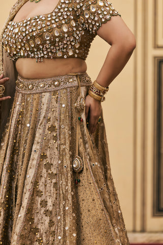 Lehenga Set for Indian Wedding - Gold Polki Suvarnarang Tissue Brocade Lehenga Set by Itrh at Mrs. G