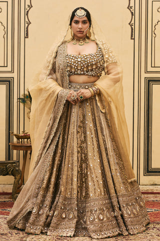 Lehenga Set for Indian Wedding - Gold Polki Suvarnarang Tissue Brocade Lehenga Set by Itrh at Mrs. G