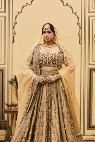 Lehenga Set for Indian Wedding - Gold Polki Suvarnarang Tissue Brocade Lehenga Set by Itrh at Mrs. G