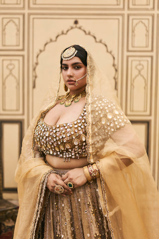 Lehenga Set for Indian Wedding - Gold Polki Suvarnarang Tissue Brocade Lehenga Set by Itrh at Mrs. G