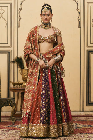 Brocade Lehenga for Indian Wedding - Multicolor Polki Chitrangi Brocade Phulkari Lehenga Set by Itrh at Mrs. G