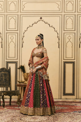 Brocade Lehenga for Indian Wedding - Multicolor Polki Chitrangi Brocade Phulkari Lehenga Set by Itrh at Mrs. G