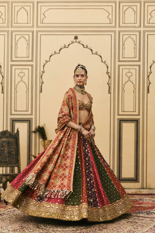 Brocade Lehenga for Indian Wedding - Multicolor Polki Chitrangi Brocade Phulkari Lehenga Set by Itrh at Mrs. G