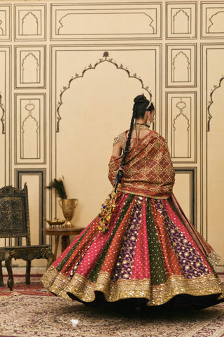 Brocade Lehenga for Indian Wedding - Multicolor Polki Chitrangi Brocade Phulkari Lehenga Set by Itrh at Mrs. G