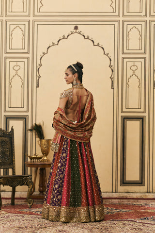 Brocade Lehenga for Indian Wedding - Multicolor Polki Chitrangi Brocade Phulkari Lehenga Set by Itrh at Mrs. G