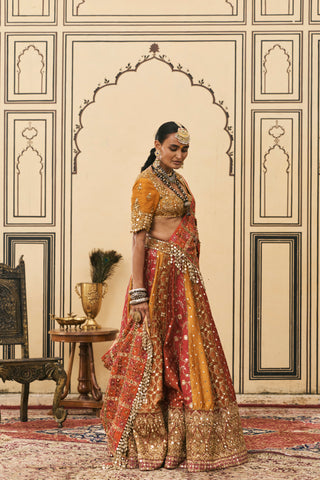 Lehenga Set for Indian Wedding - Multicolor Polki Rangmanch Brocade Phulkari Lehenga Set by Itrh at Mrs. G