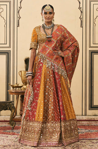 Lehenga Set for Indian Wedding - Multicolor Polki Rangmanch Brocade Phulkari Lehenga Set by Itrh at Mrs. G