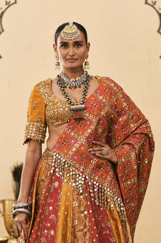 Lehenga Set for Indian Wedding - Multicolor Polki Rangmanch Brocade Phulkari Lehenga Set by Itrh at Mrs. G