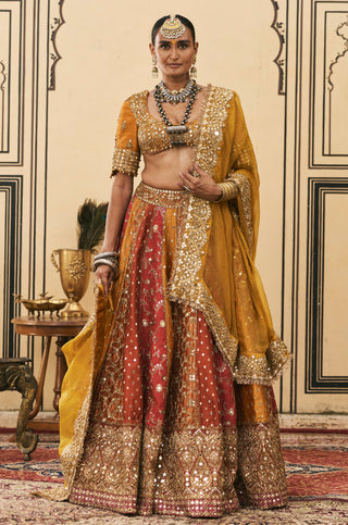 Lehenga Set for Indian Wedding - Multicolor Polki Rangmanch Brocade Lehenga Set with Organza Dupatta by Itrh at Mrs. G